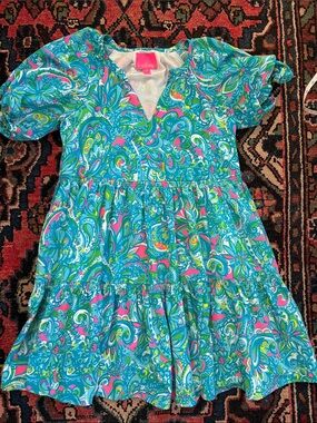 Lilly Pulitzer Turquoise Pink Paisley Tiered V-Neck Dress - pockets!